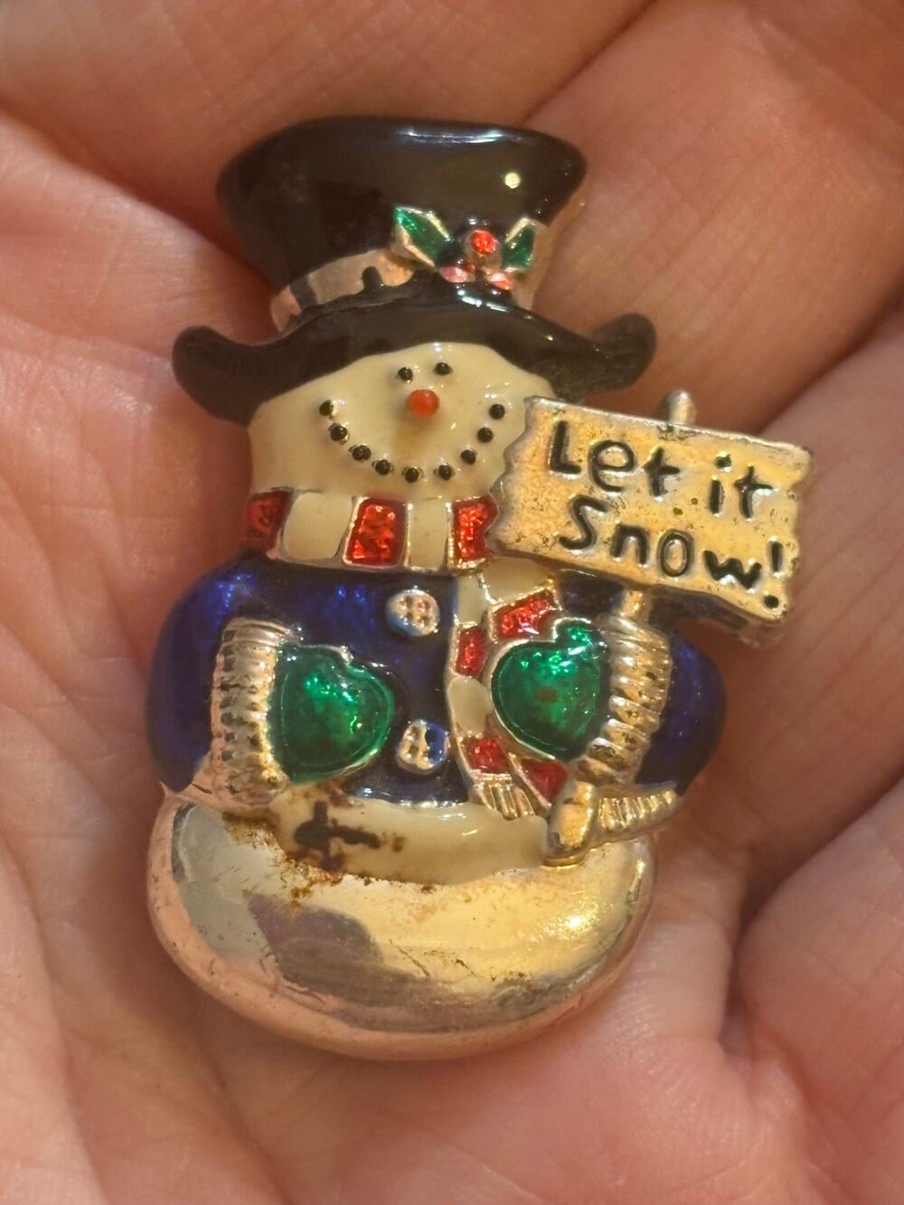 Vintage Let It Snow Snowman Christmas Brooch